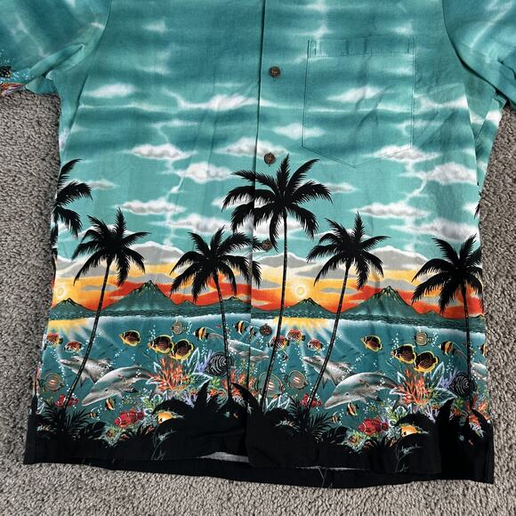 RJC Hawaiian Shirt Mens M Ocean Sunset Volcano Dolphins Palm Fish Made in USA - Picture 3 of 9